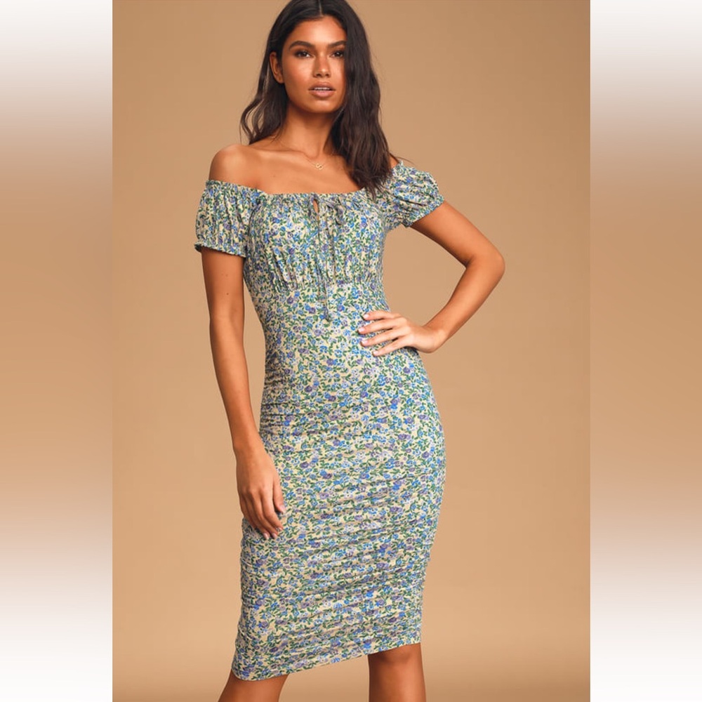 NWT Lulus Vine With Me Blush Floral Print Ruched Off-the-Shoulder Dress